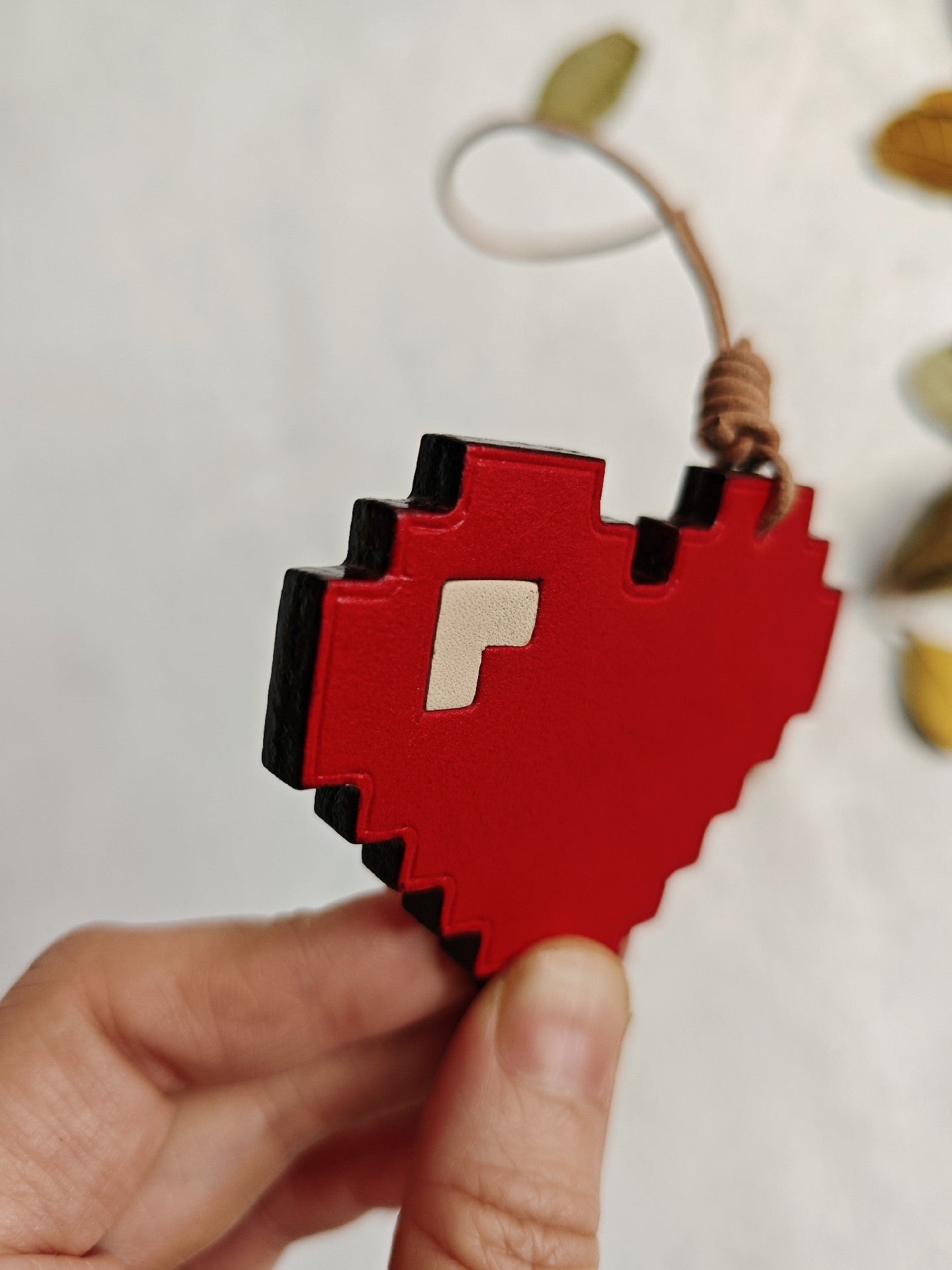 Vegetable-Tanned Leather Pixel Heart Keychain
