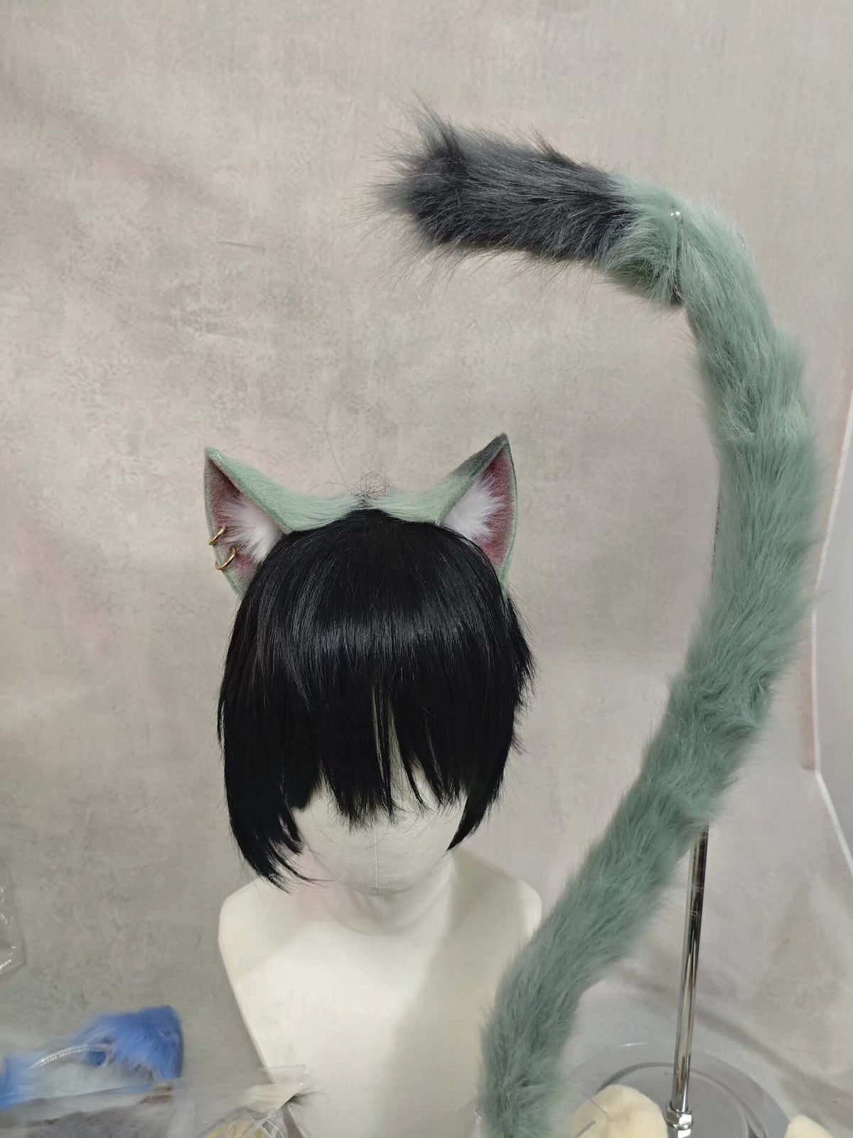 Set Orecchie e Coda da Animale in Peluche Verde Menta