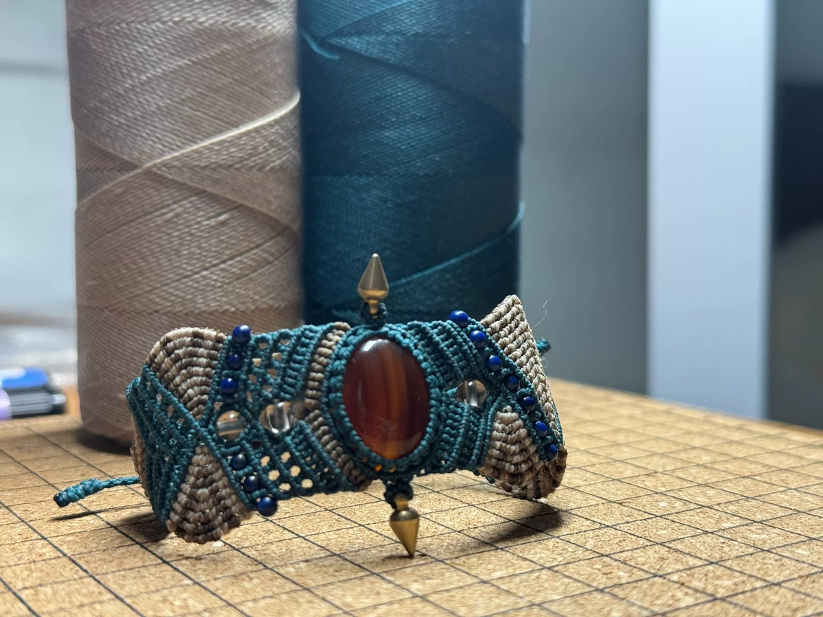 Bracelet Macramé Artisanal Bleu Taupe Agate