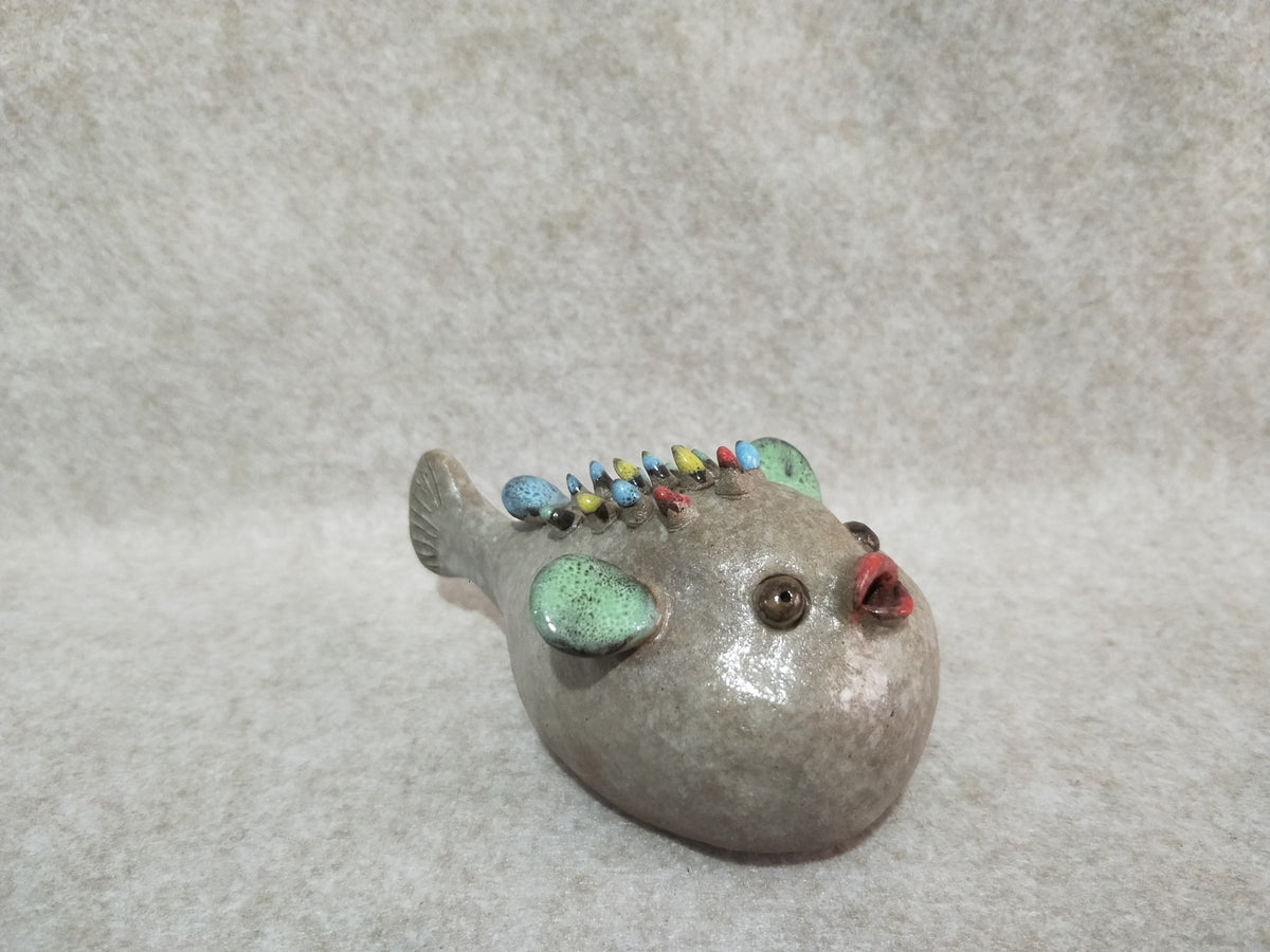 Ceramic Pufferfish Figurine Speckled Glaze
