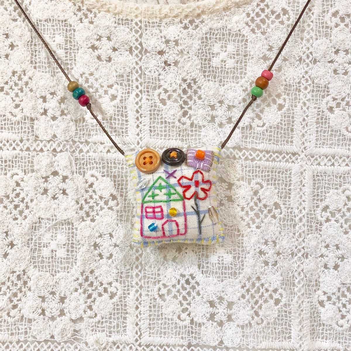 Handmade Fabric Pendant Necklace House Red Flower