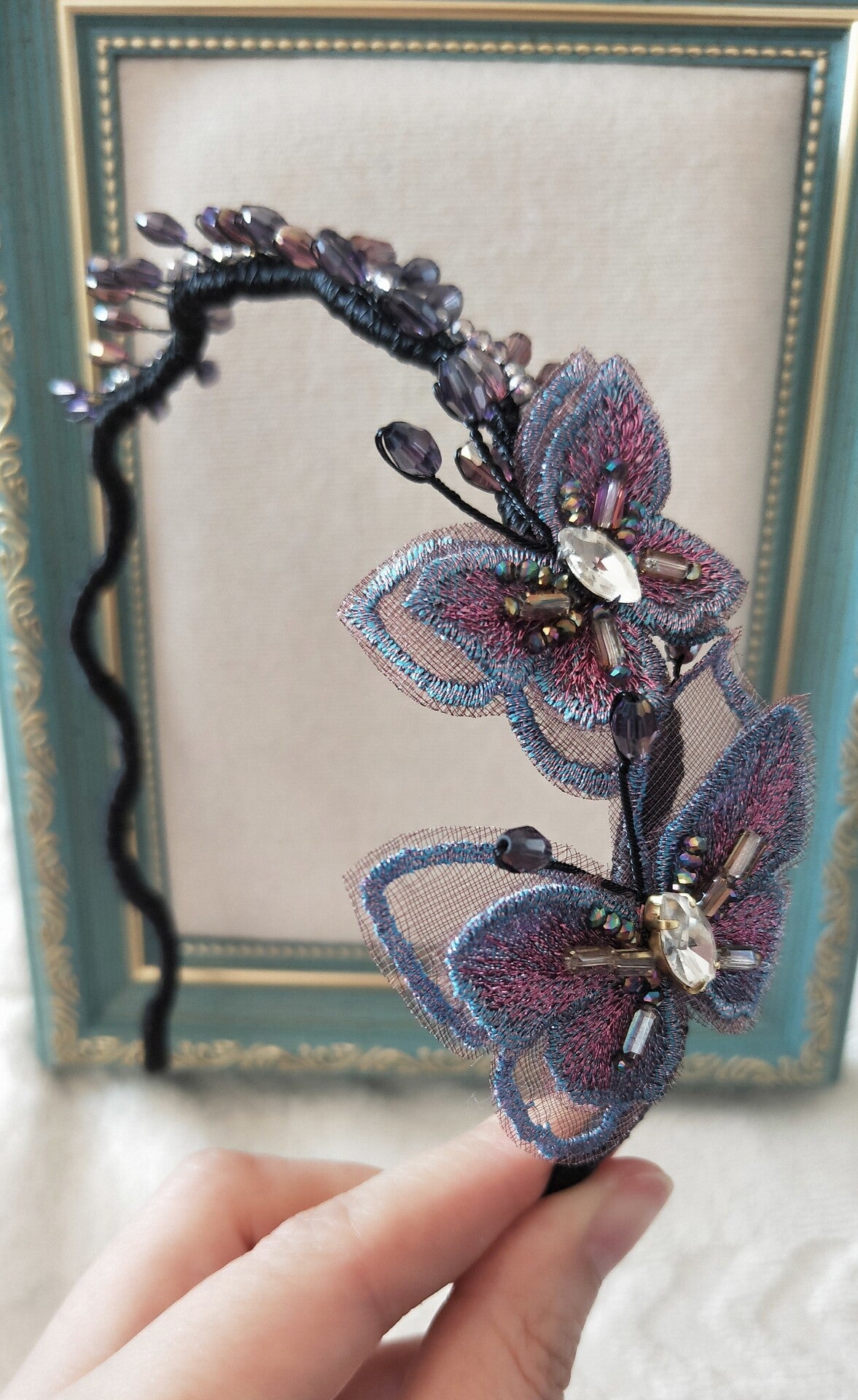 Embroidered Butterfly Crystal Vine Headband