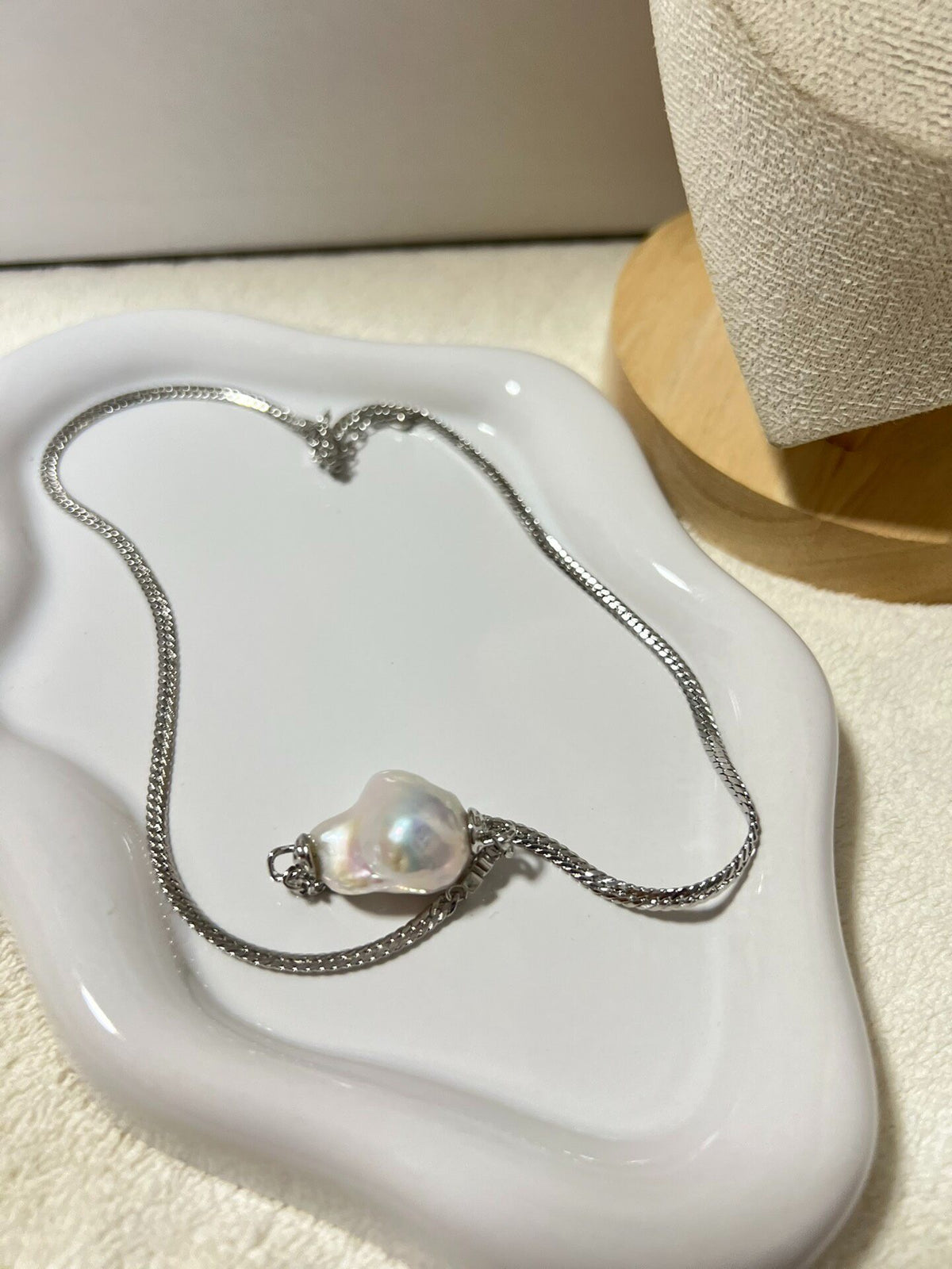 White Baroque Pearl Necklace Silver Chain