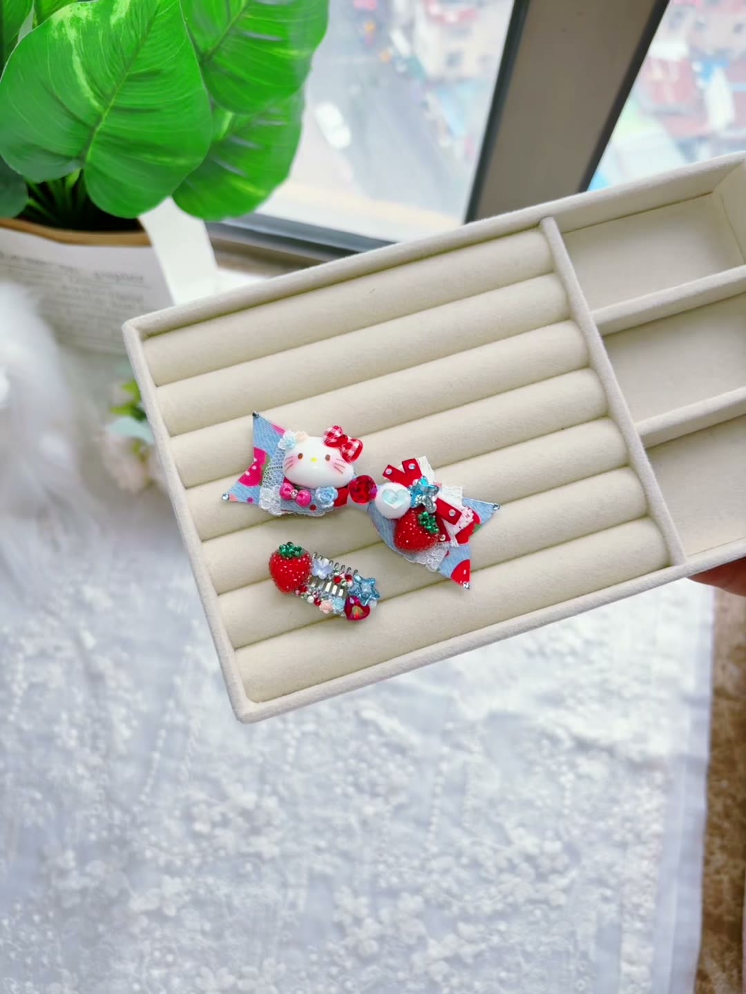 Strawberry Denim Cat Bow Pet Hair Clip Set