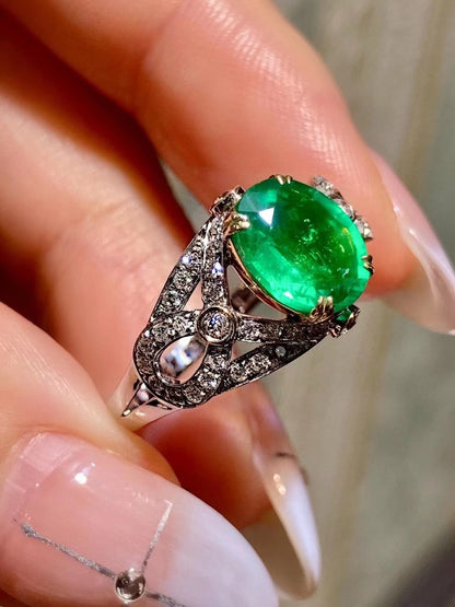 18K Gold Two-Tone Emerald and Diamond Ring, 1.51ct Oval Emerald