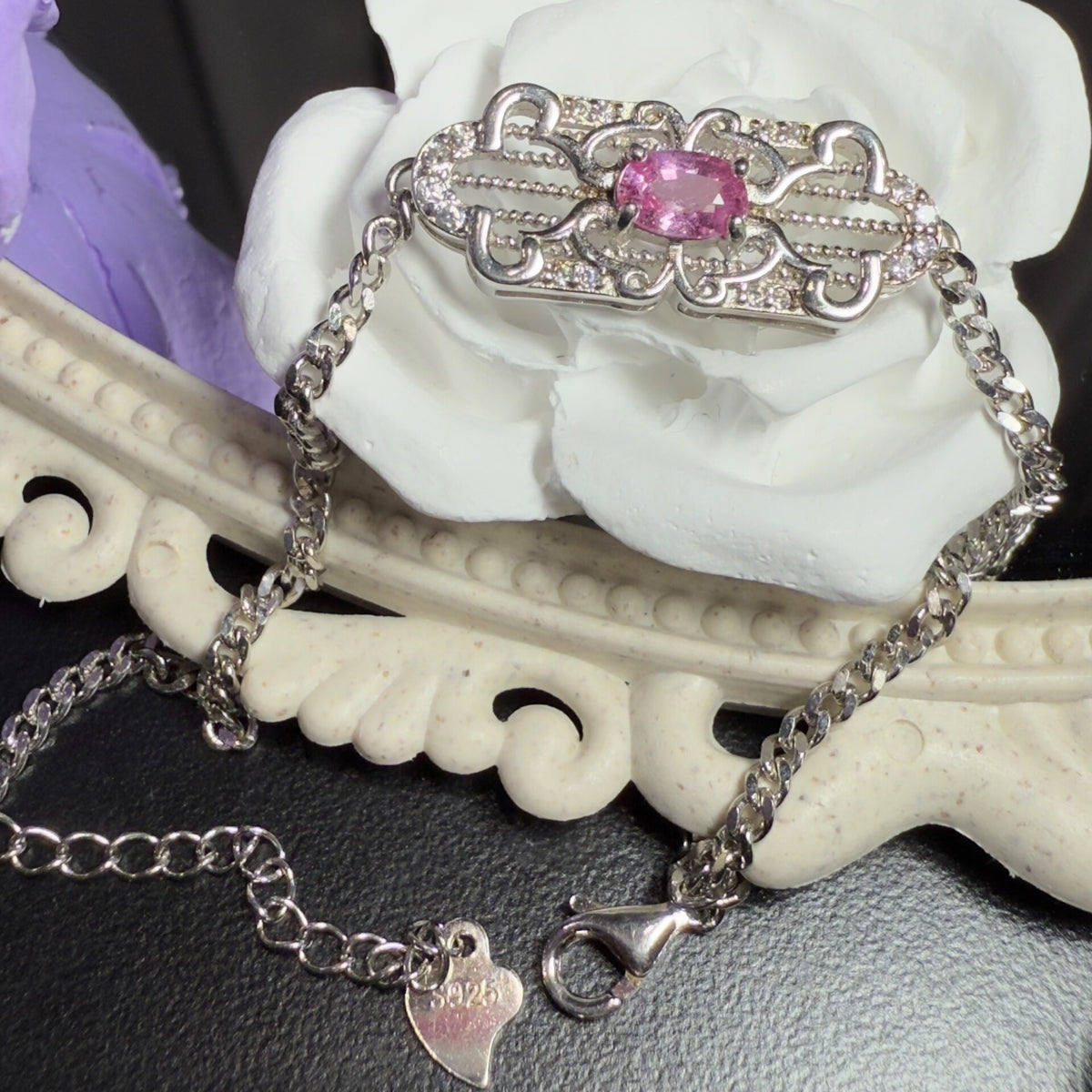 Roze Saffier Filigran Armband 925 Zilver