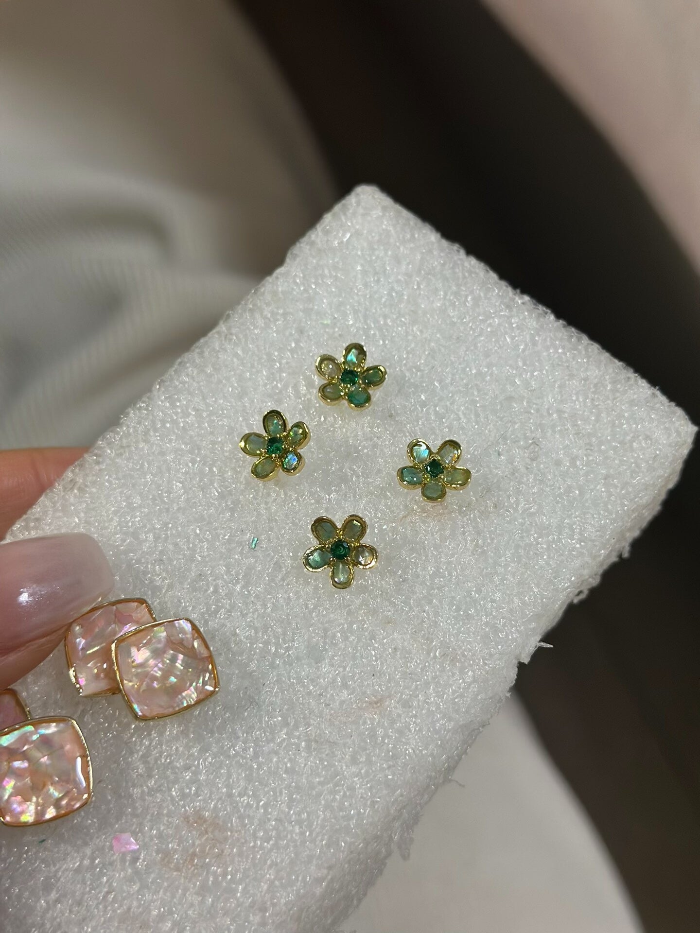 Small Flower Shell Inlay Earrings with Dyed Green Petals and Four Gemstone Colors