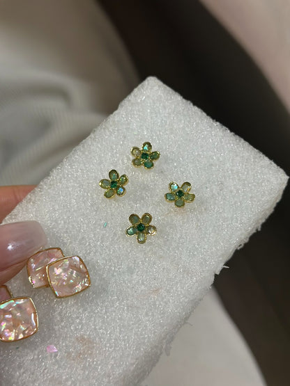 Small Flower Shell Inlay Earrings with Dyed Green Petals and Four Gemstone Colors
