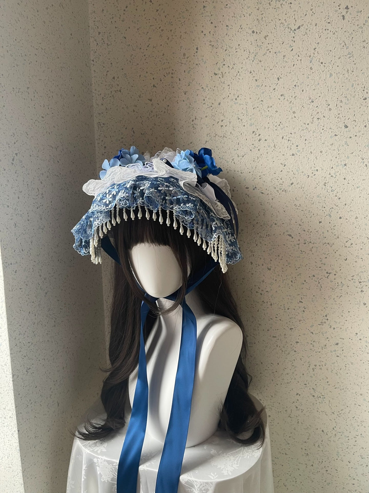 Lolita Blue White Lace Bonnet Handmade