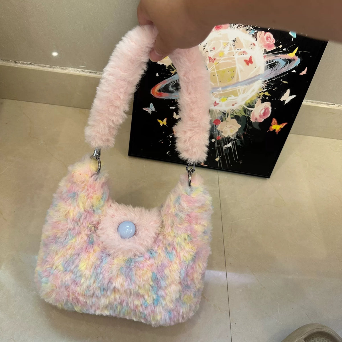 Plush Pastel Crochet Cat Ear Handbag