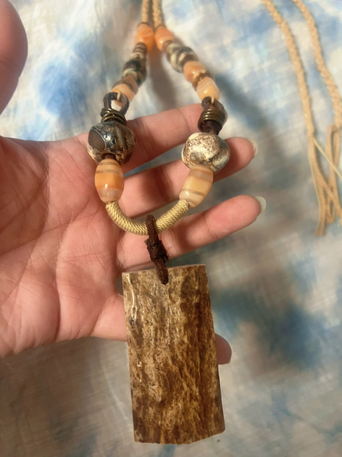 Handwoven Deer Antler Necklace with Agate Beads