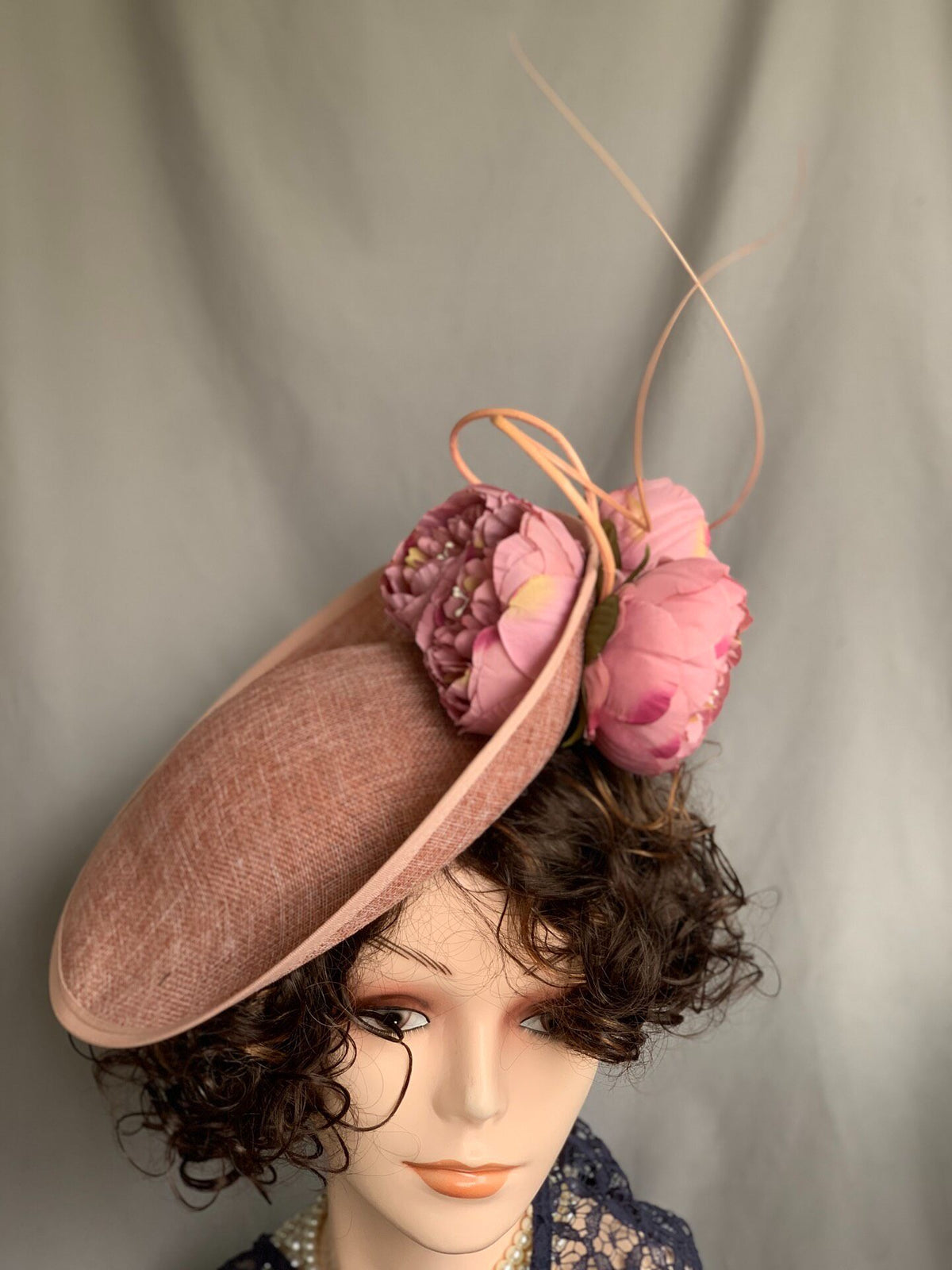 Peony Flower Woven Fascinator Hat Dusty Pink