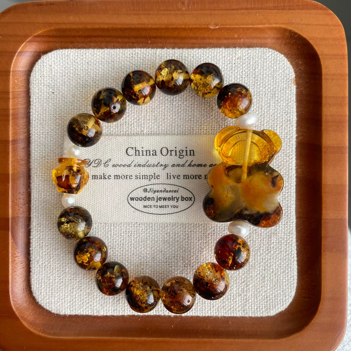 Natural Amber Bear Charm Bracelet 9mm Beads