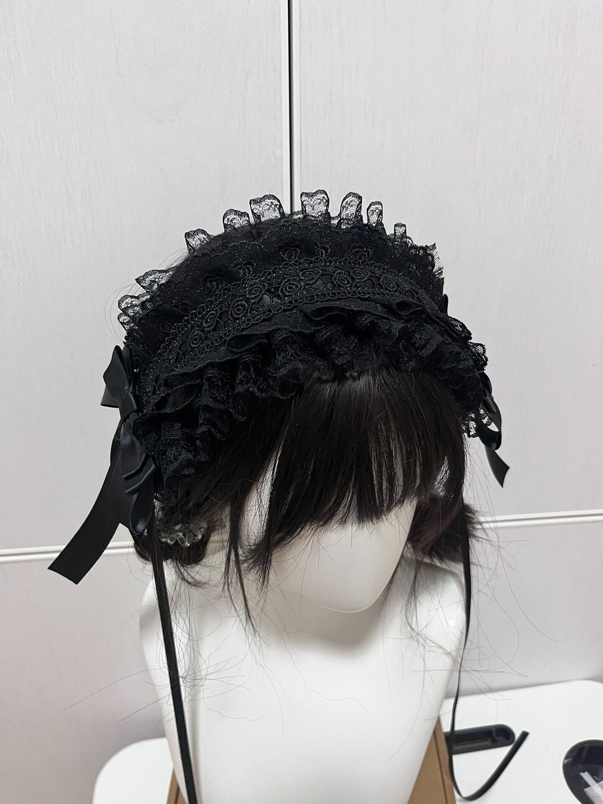Black Lace Headband with Satin Bows