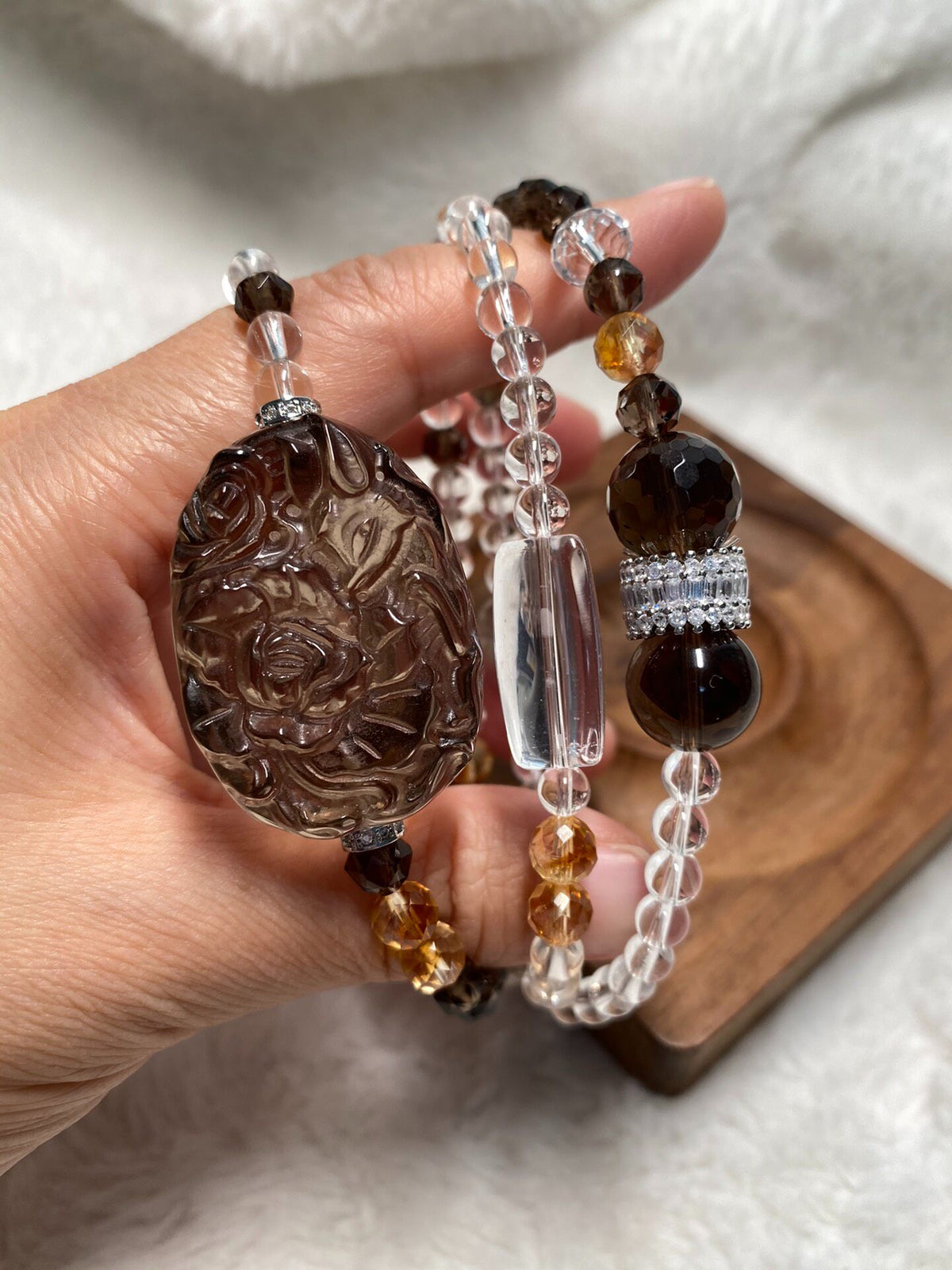 Smoky Quartz Clear Quartz Triple Wrap Bracelet