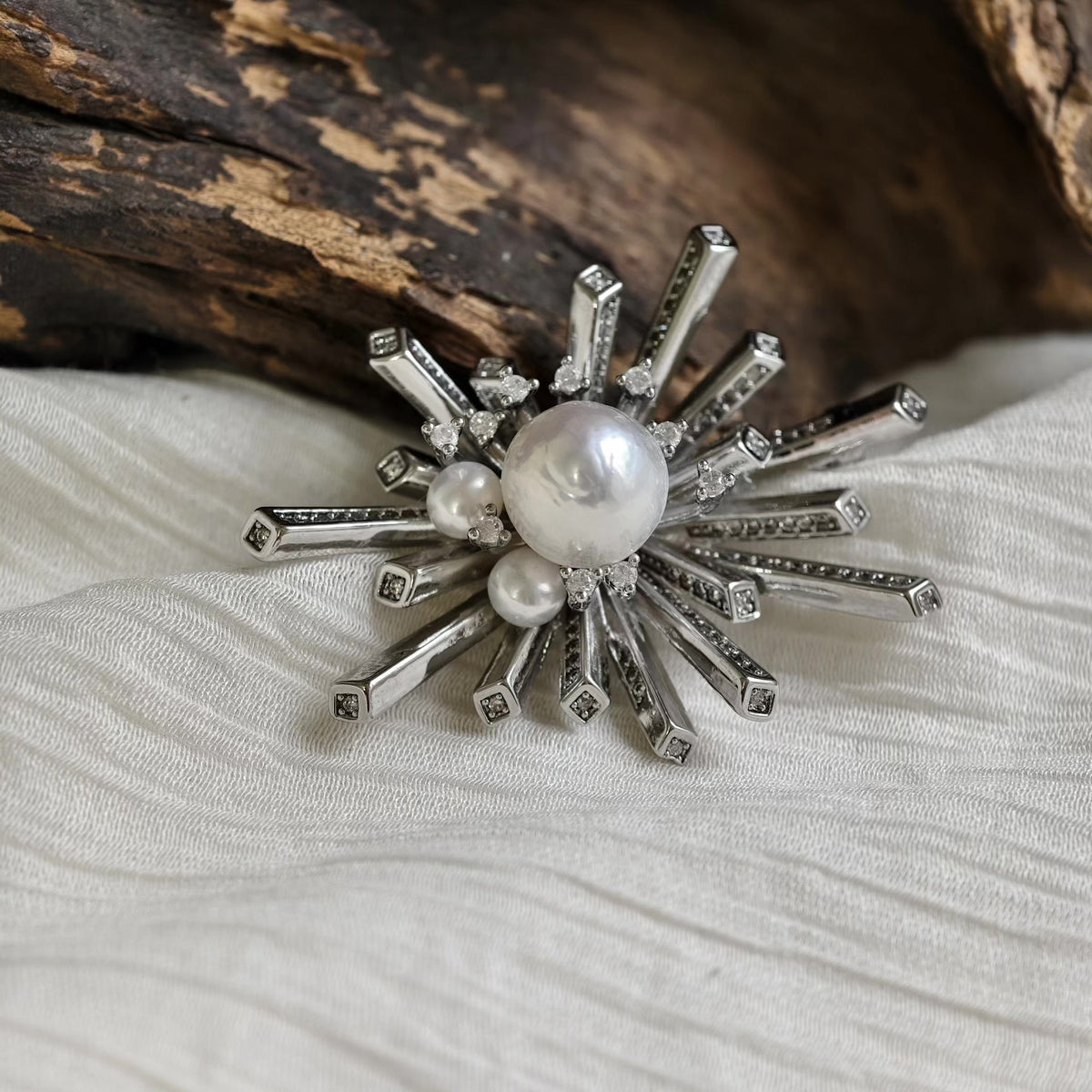 Natural Baroque Pearl Firework Brooch Silver Tone
