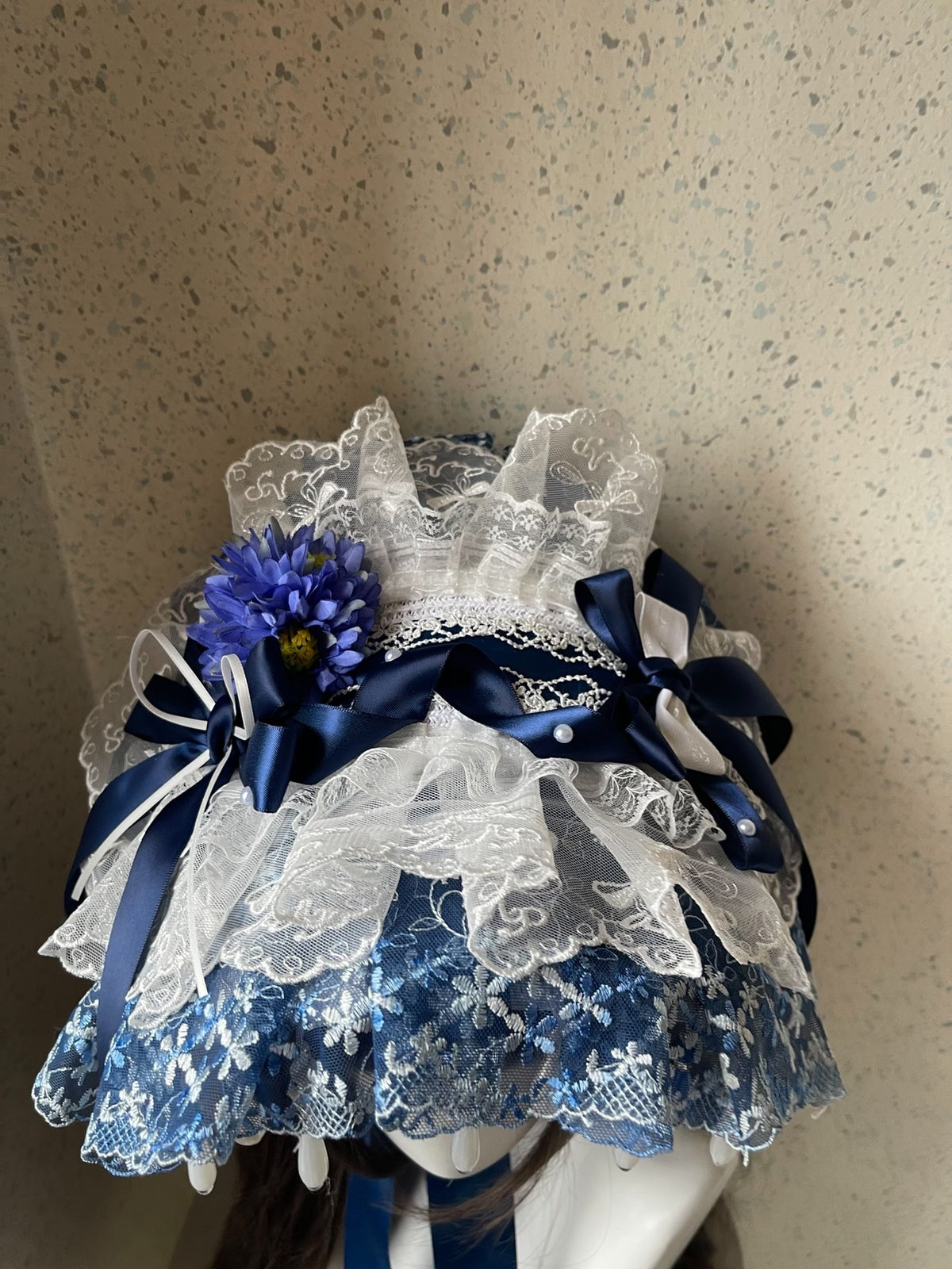 Lolita Blue White Lace Bonnet Handmade