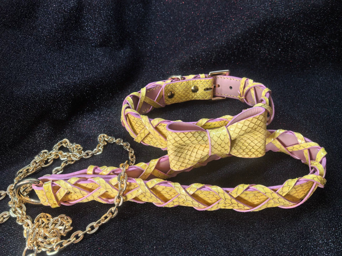 Woven Yellow Snakeskin Texture Pet Collar Leash Set
