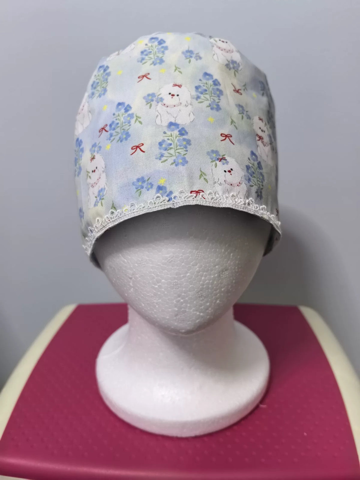 Charlotte de bloc opératoire double couche en coton fleurs bleues et chiots
