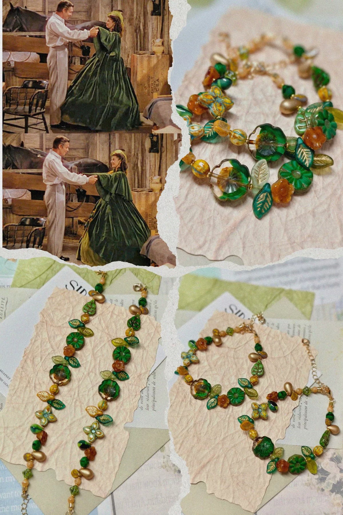 Pulseira de Contas de Vidro Checo Verde Floral