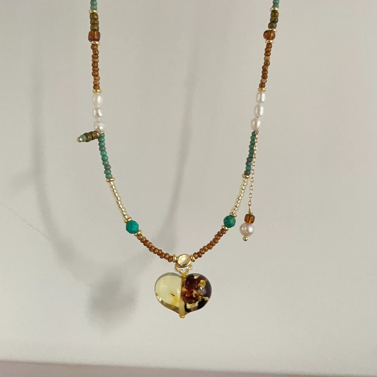Natural Flower Amber Heart Necklace