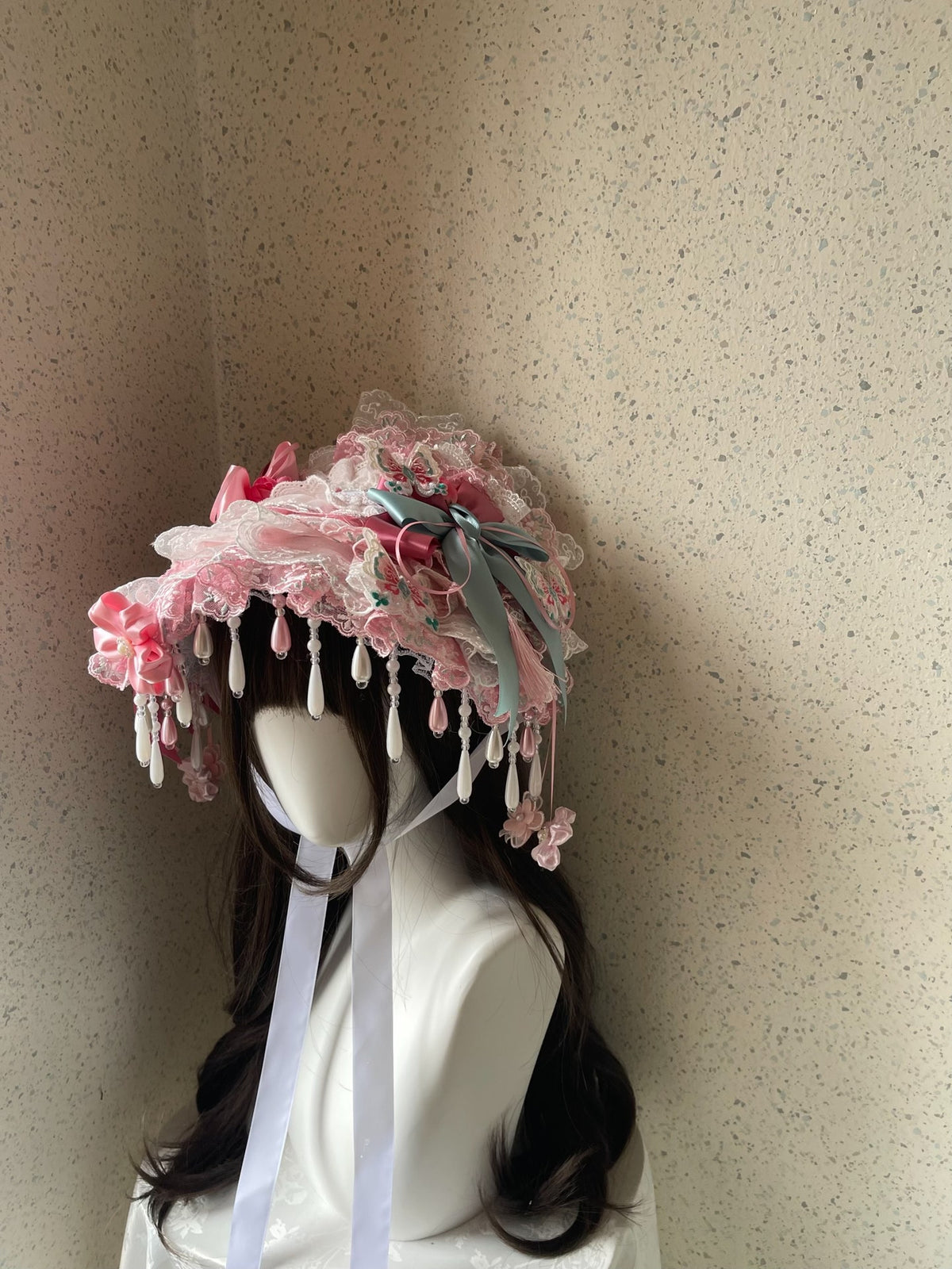 Lolita Pink Green Lace Bonnet Handmade