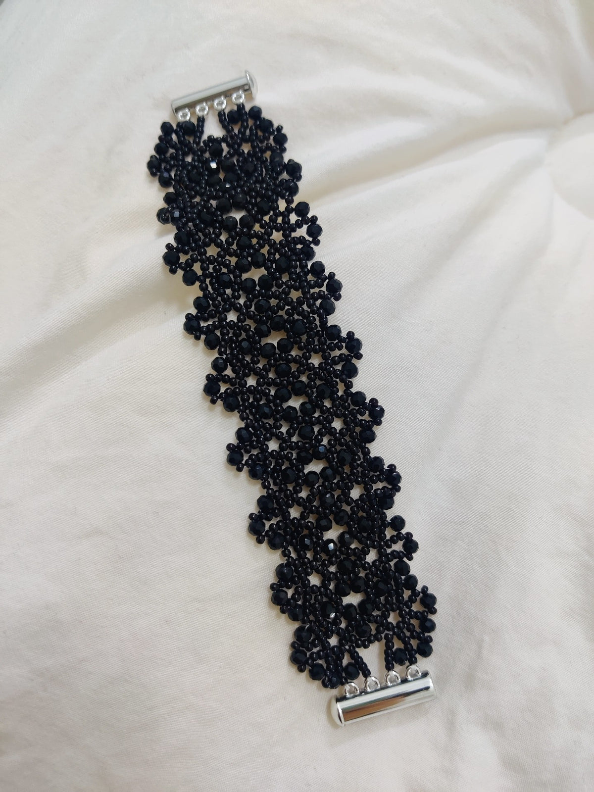 Black Flat Bead Lace Cuff Bracelet