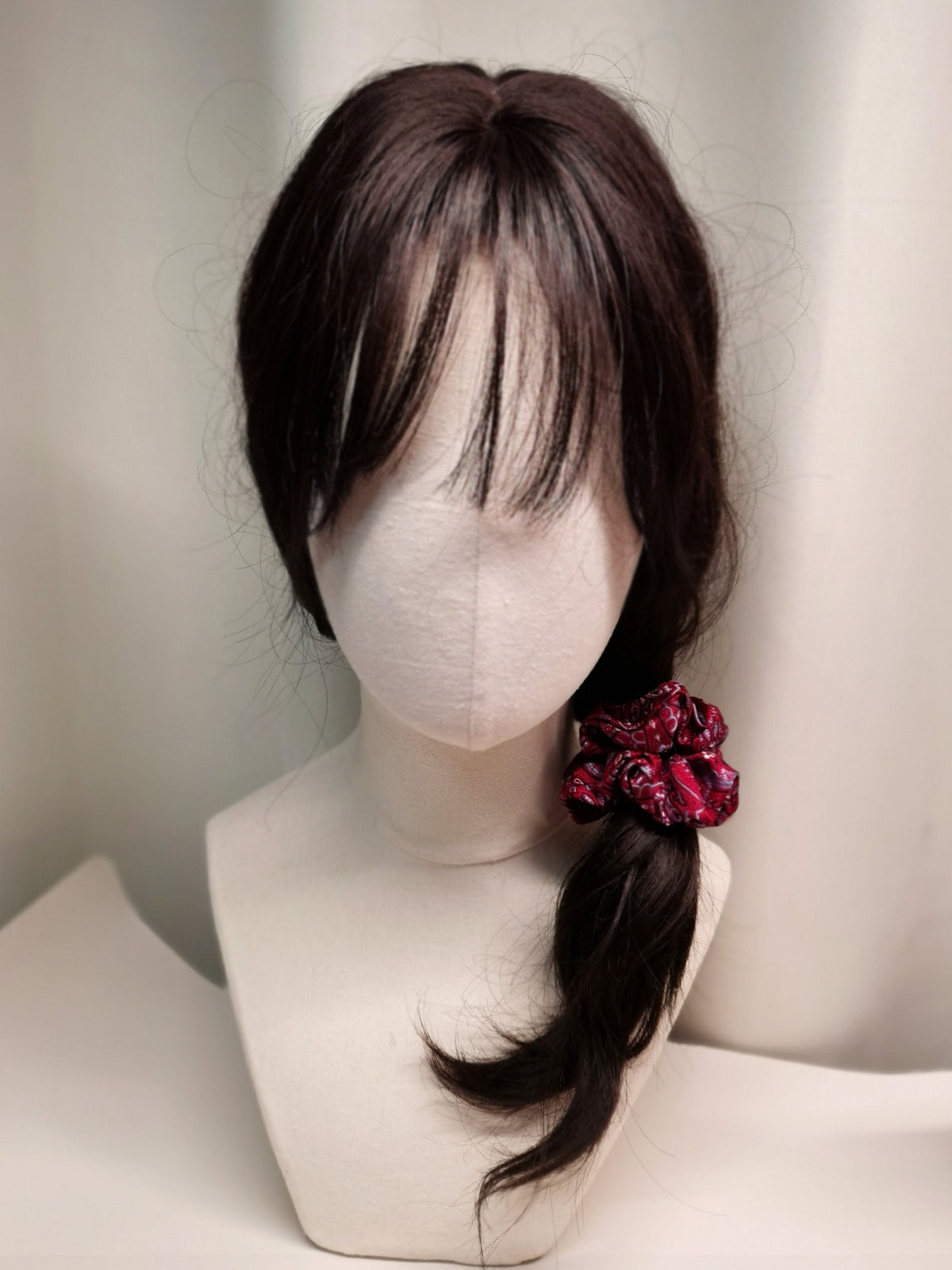 Pure Silk Brocade Narrow Scrunchie Dark Red