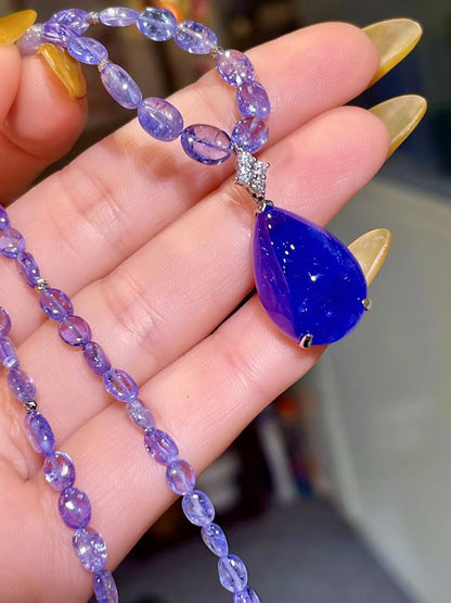 Deep Blue Teardrop Tanzanite Pendant Necklace with Violet Gemstone Chain