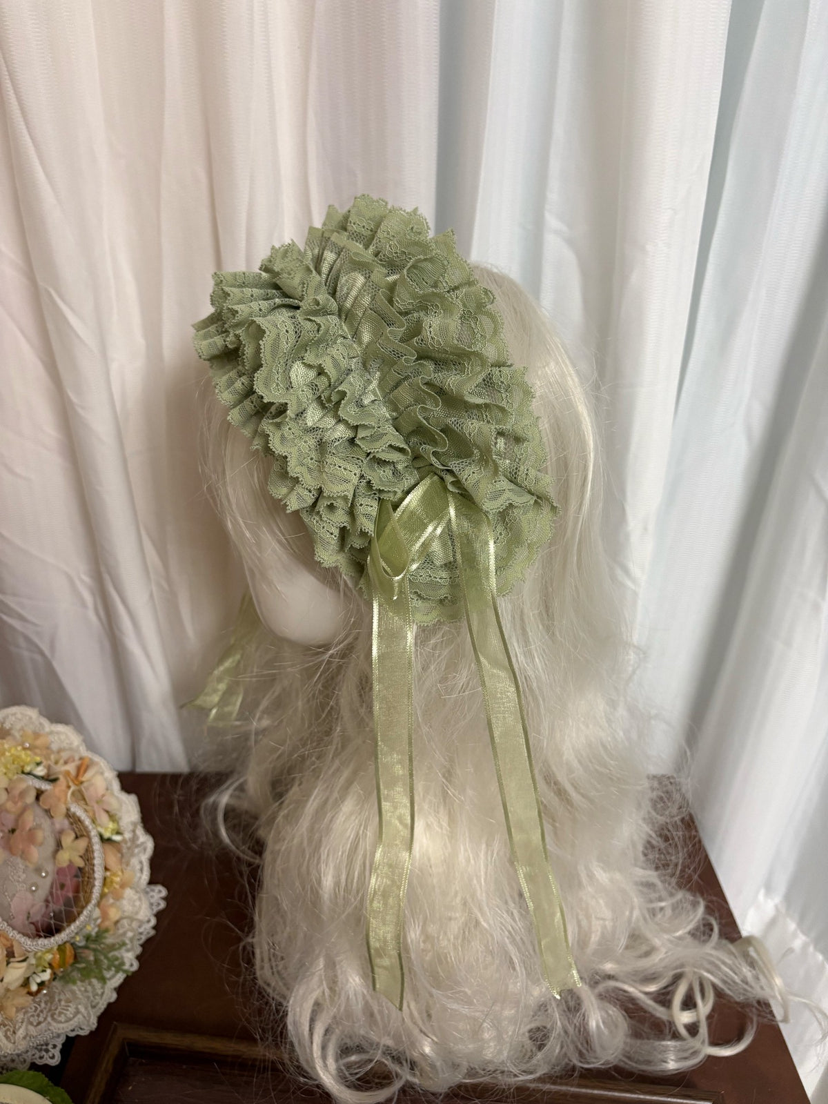 Sage Green Lace Ruffled Bonnet Headpiece