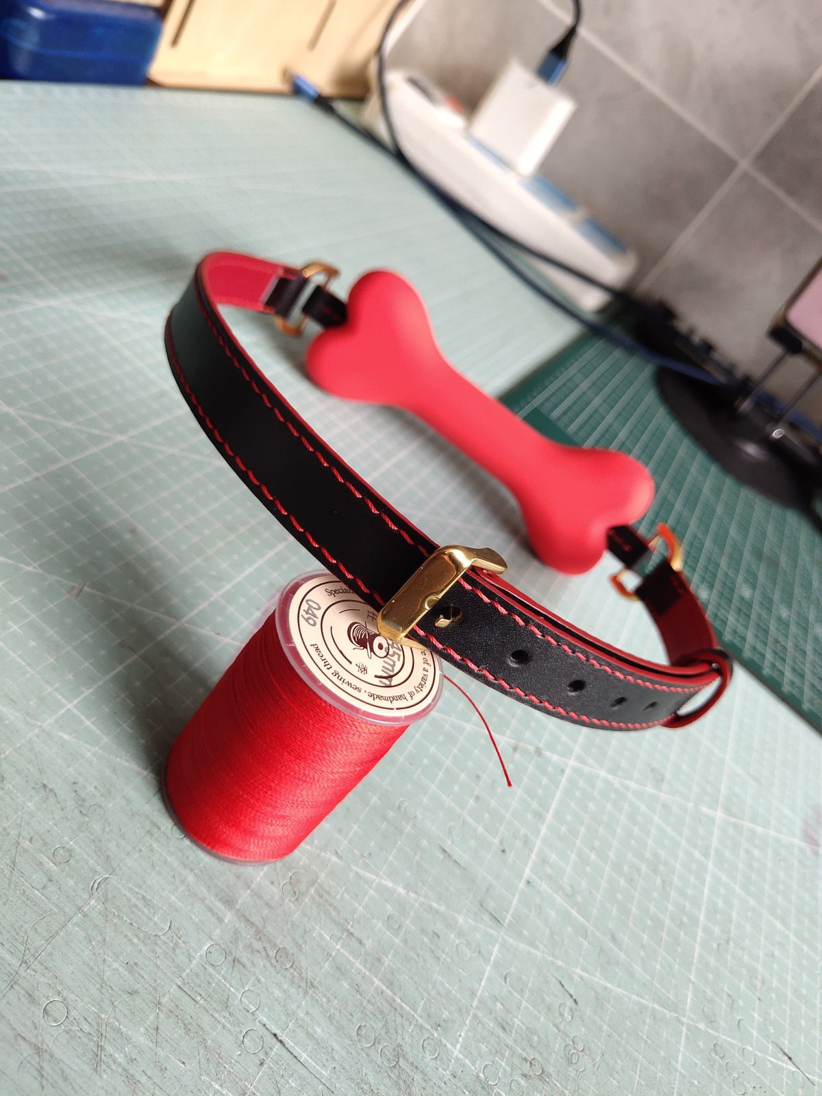 Red Leather Pet Collar with Bone Silicone Gag