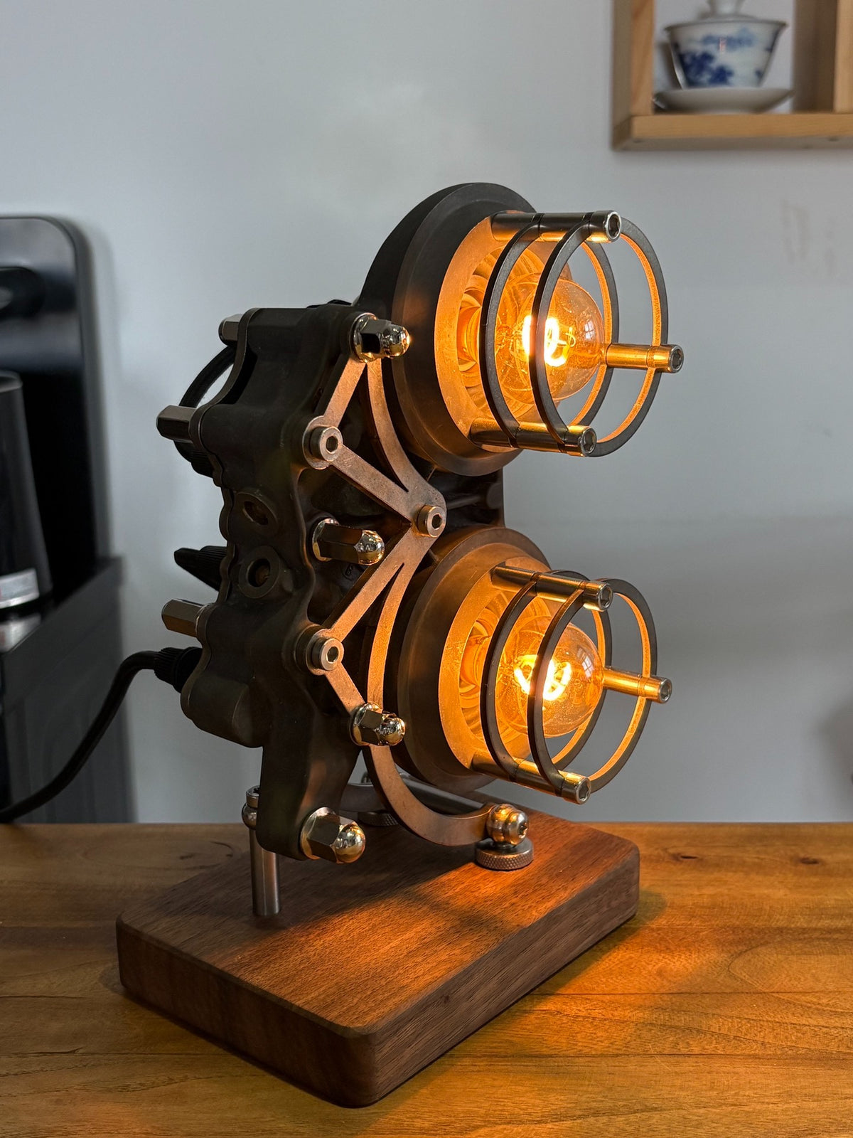 Steampunk Dual-Lens Mechanical Table Lamp with Wooden Base