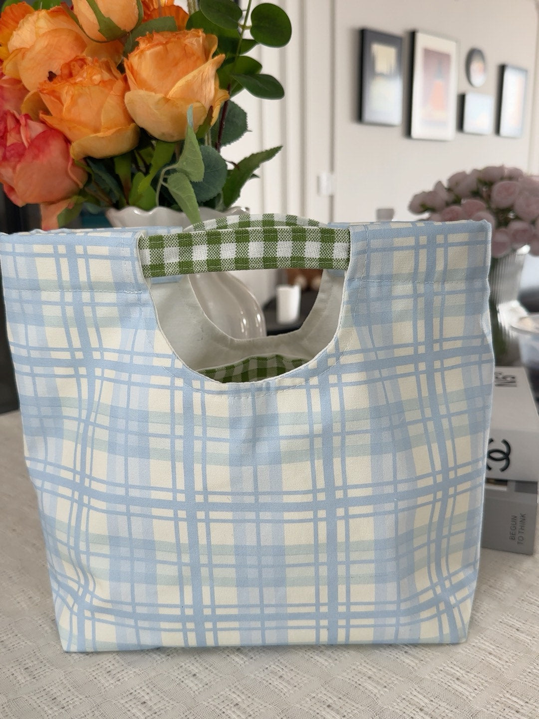 Saco Tote de Tecido Feito à Mão Xadrez Azul
