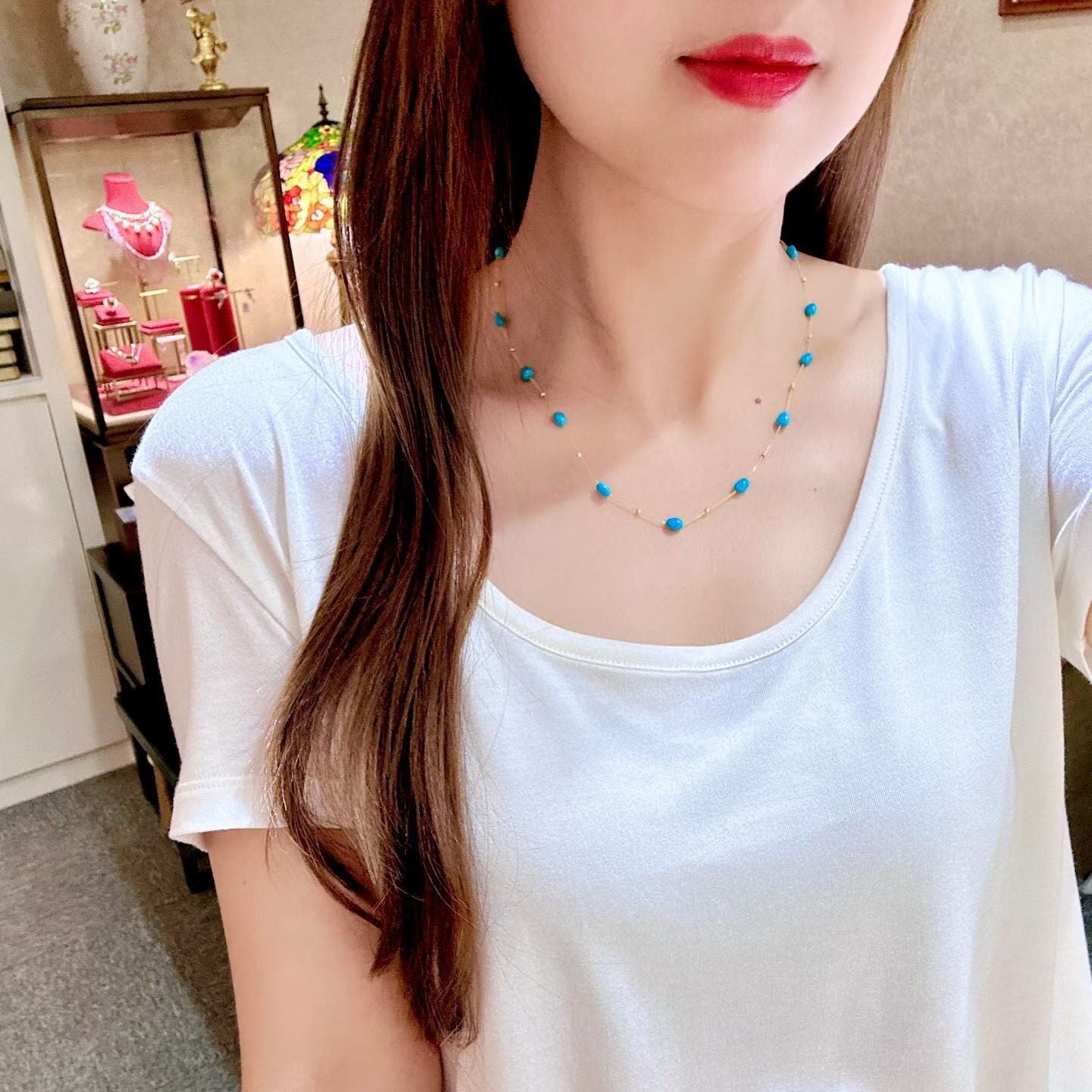 18K Gold Sleeping Beauty Turquoise Free-Form Gemstone Necklace
