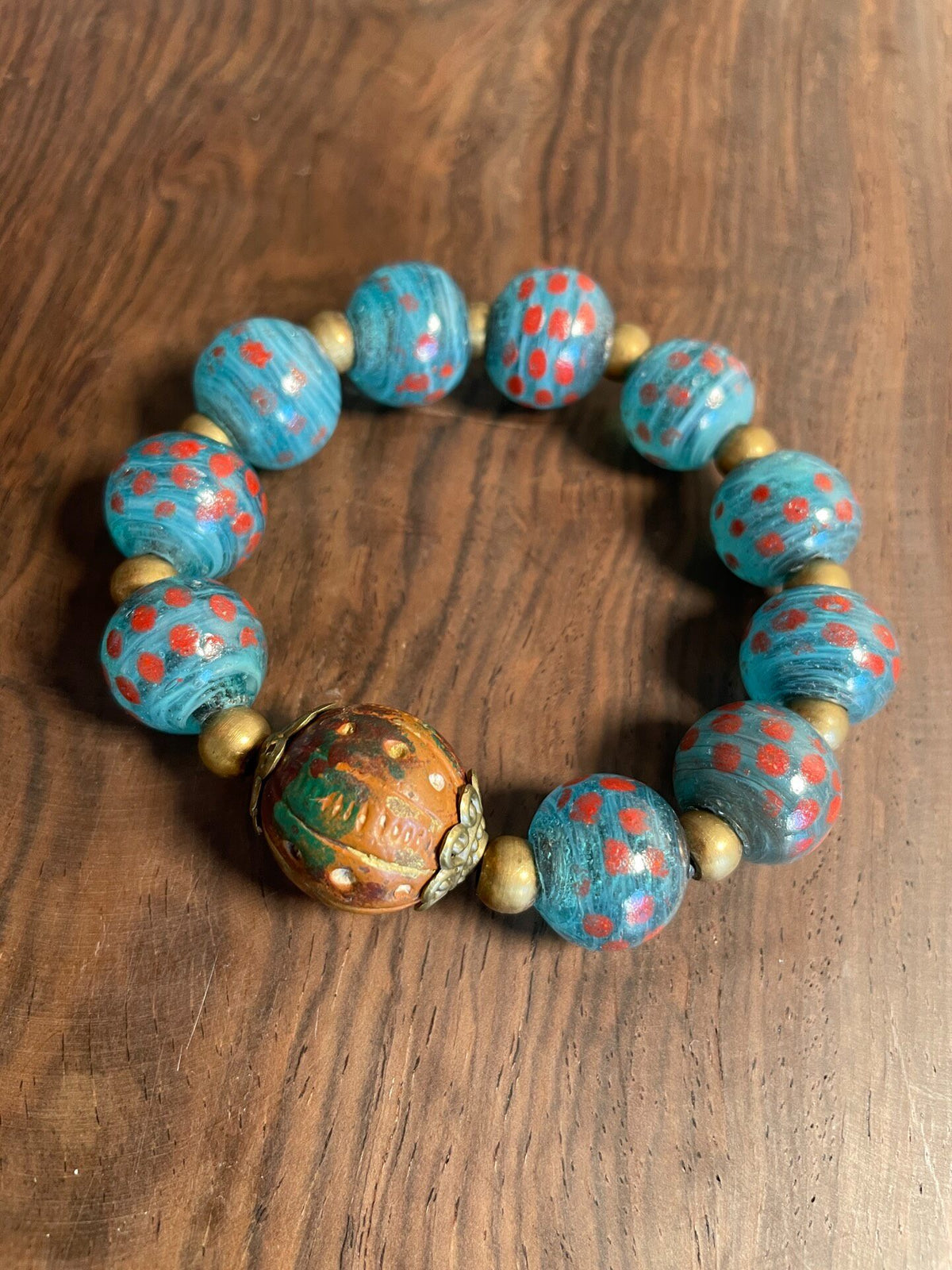 Turquoise Millefiori Glass and African Clay Beaded Bracelet