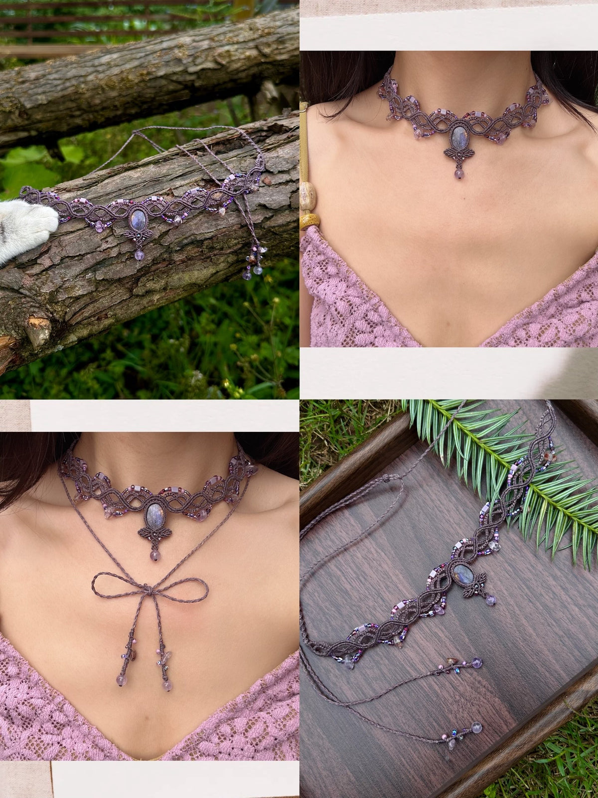 Grey Purple Macrame Labradorite Choker Necklace