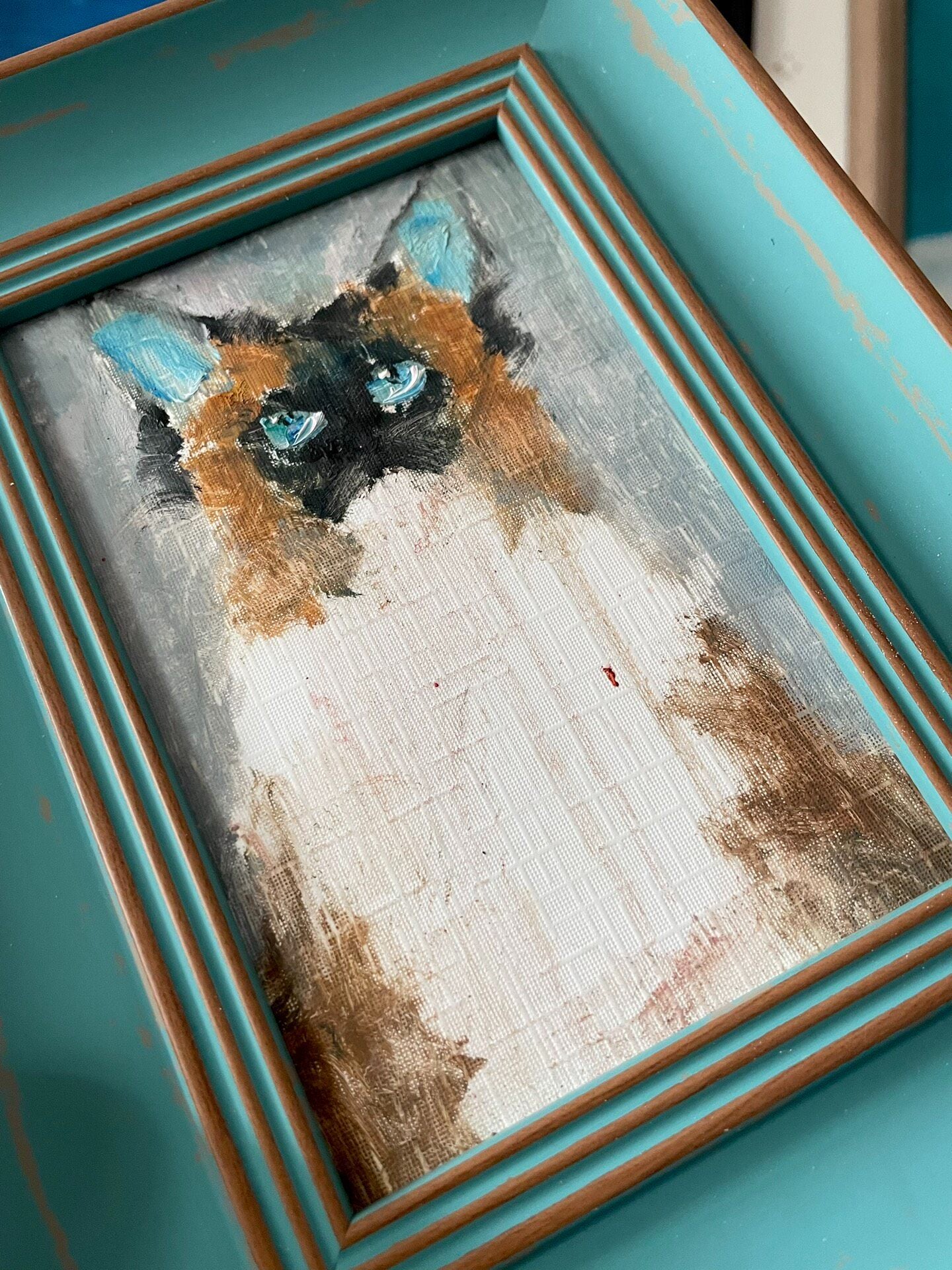 Hand-Painted Oil Painting of a Ragdoll Cat in Distressed Turquoise Frame, 15x20cm