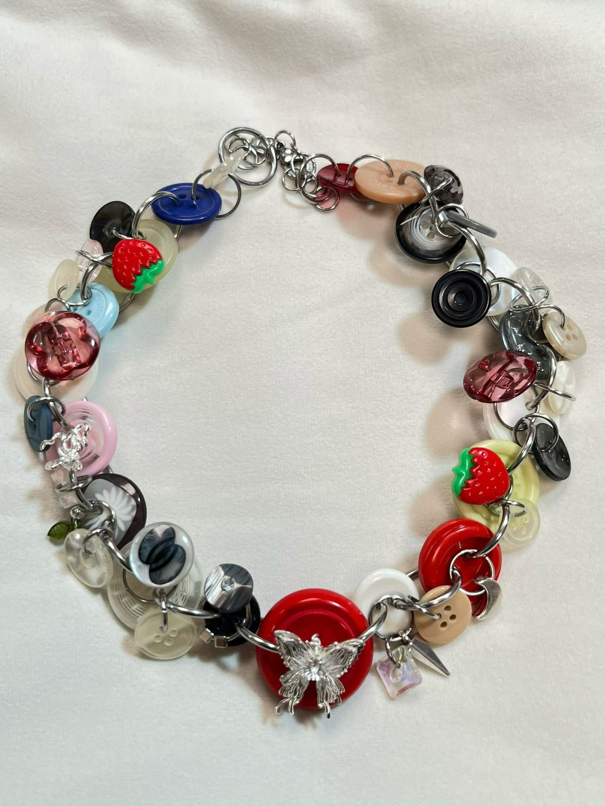 Handmade Button Charm Necklace Silver Tone