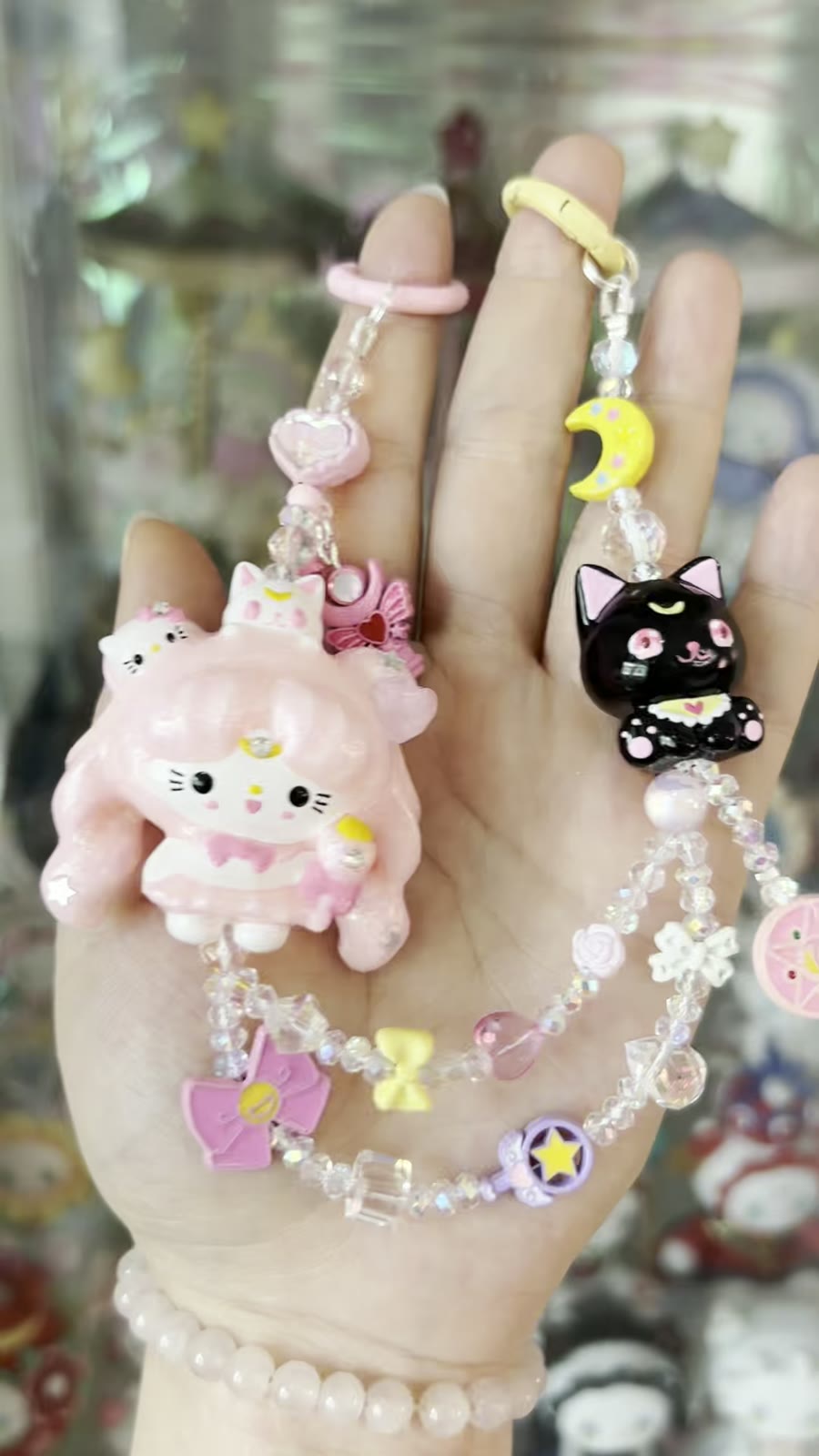 Hand-Painted Kitty Beaded Phone Strap Set