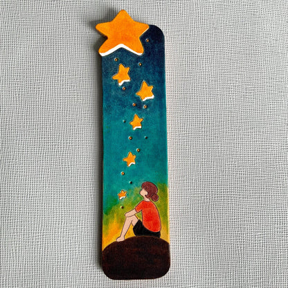 Hand-Painted Leather Bookmark with Star Cutouts