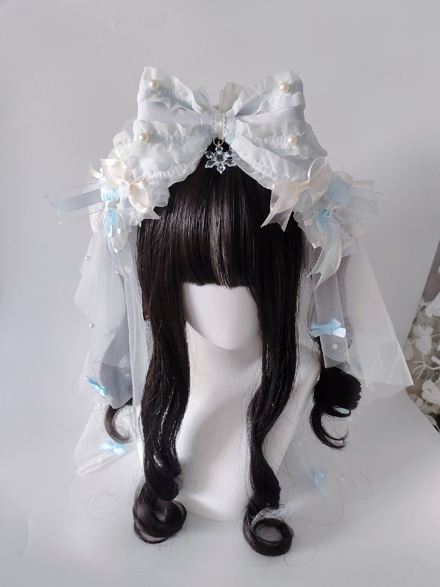 Lolita Large Bow Headband with Veil – Pink or Blue