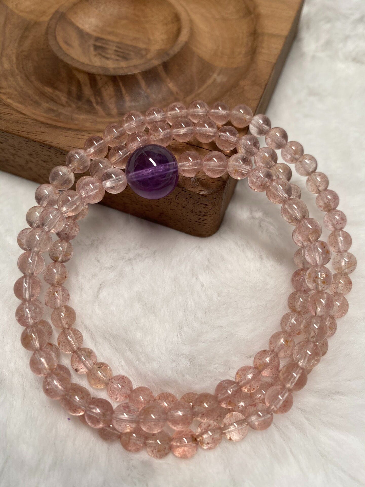 Triple Wrap Strawberry Quartz Bracelet Amethyst Bead