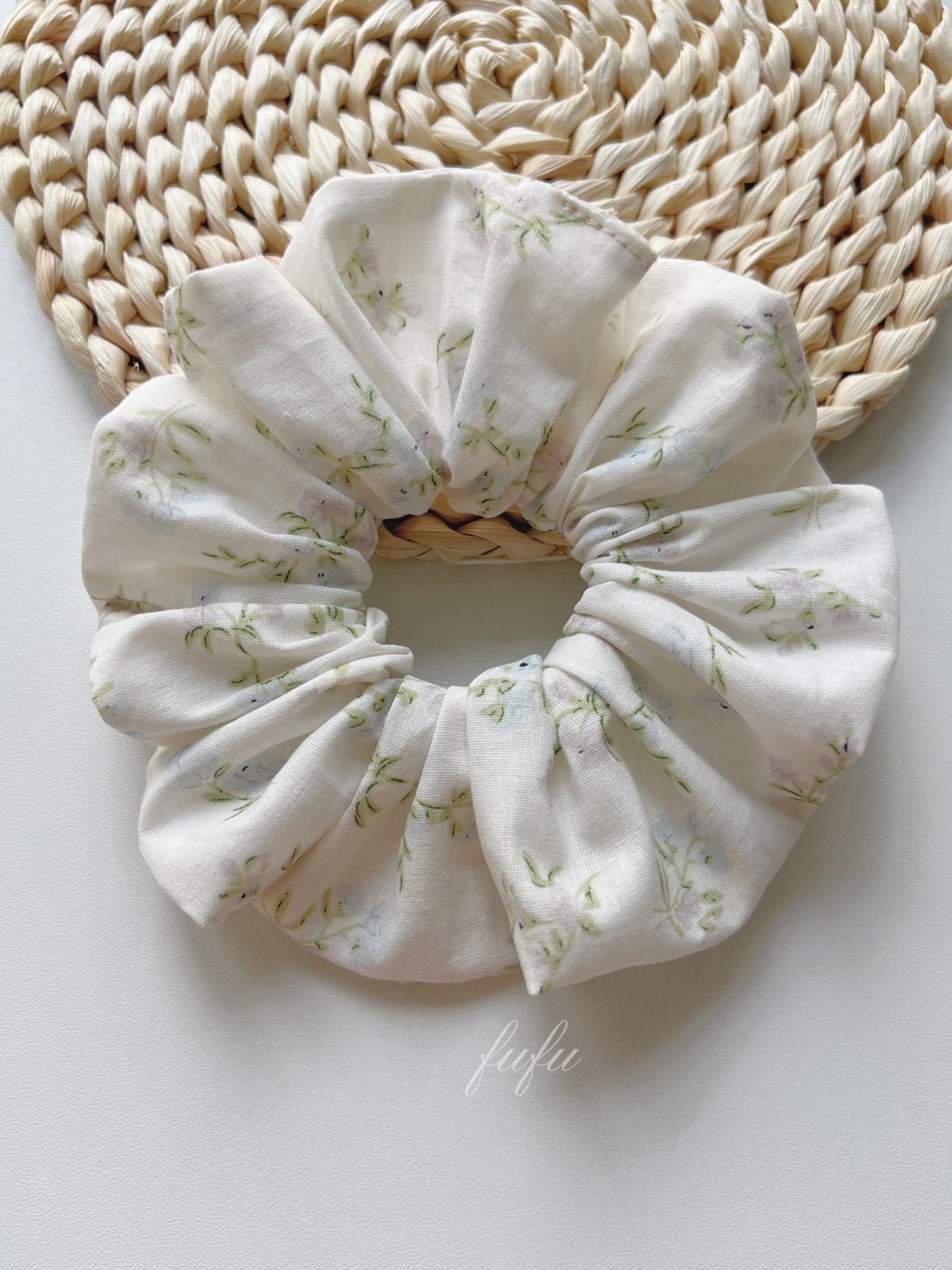 Cream Floral Print Fabric Hair Scrunchie