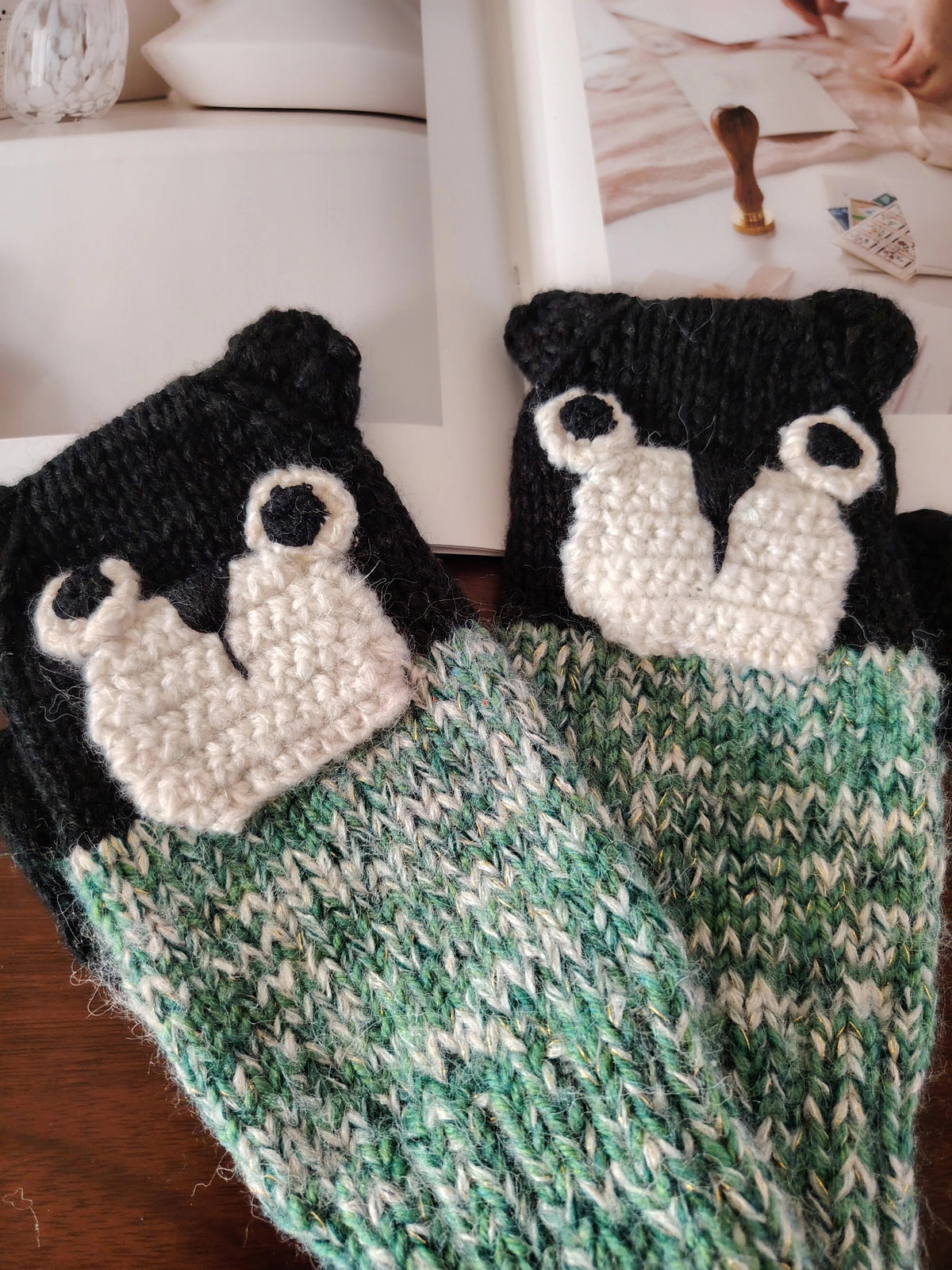 Hand Knitted Wool Raccoon Warm Gloves