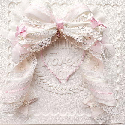 Large Lace Bow Headband with Pearl Drop Pendant