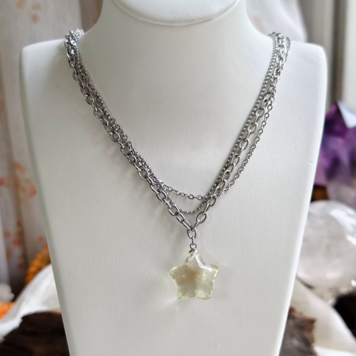 Lemon Quartz Star Layered Necklace Titanium Steel