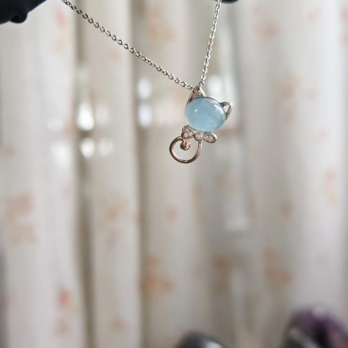 Aquamarine Cat Pendant Necklace Silver Chain