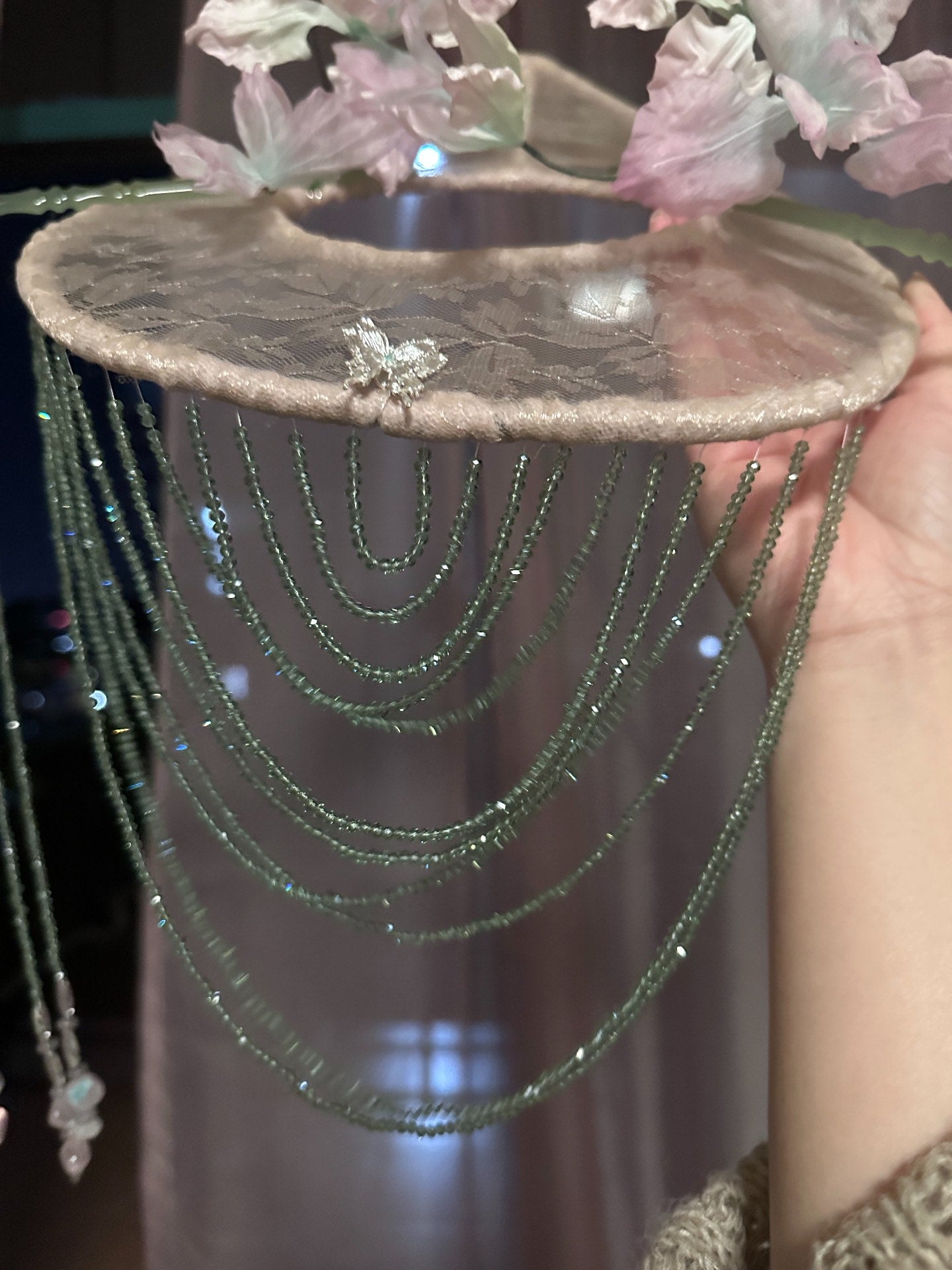 Custom Silk Veil Hat with Hand-Dyed Flowers and Beaded Curtain