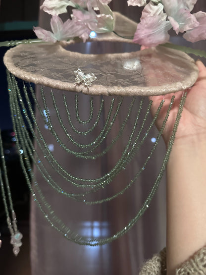 Custom Silk Veil Hat with Hand-Dyed Flowers and Beaded Curtain