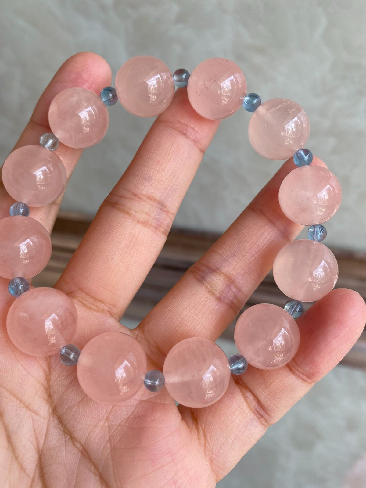 Pink Quartz Aquamarine Beaded Bracelet